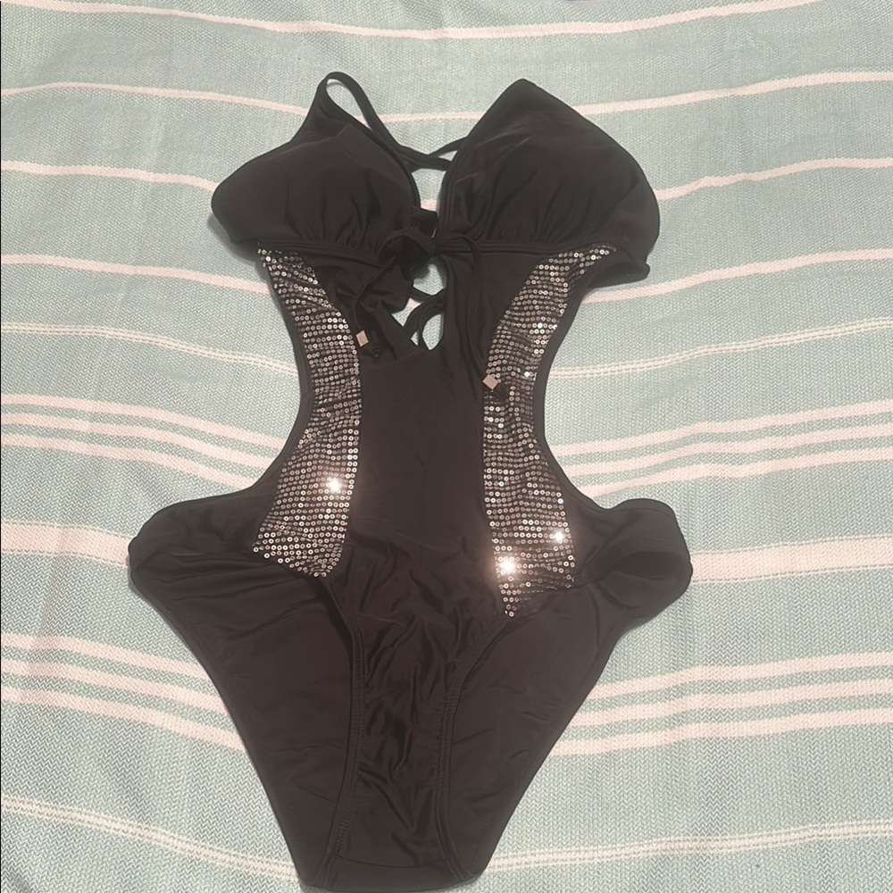 Adore Me Black and Silver One Piece Swimsuit with Cut-Out Design